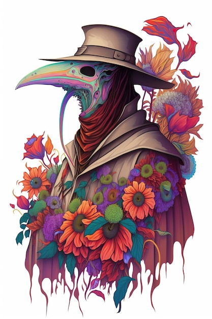 A bird with a hat and a long beak is surrounded by flowers AI generative image