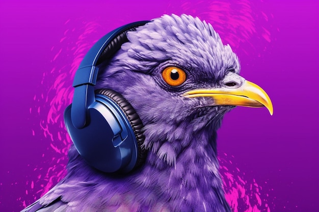 A bird with headphones and a purple background