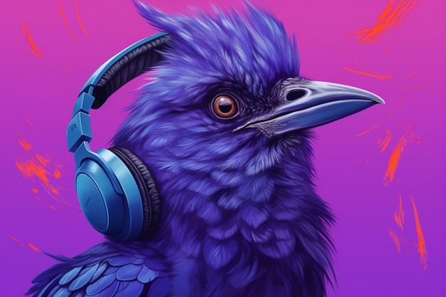 A bird with headphones and a purple background