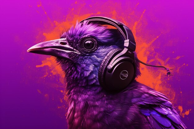 A bird with headphones and a purple background