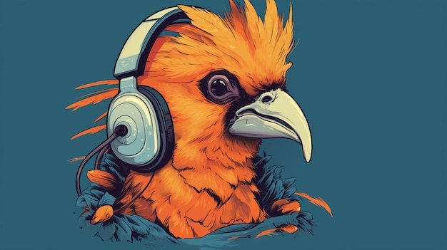 A bird with a headphones on and a shirt that says