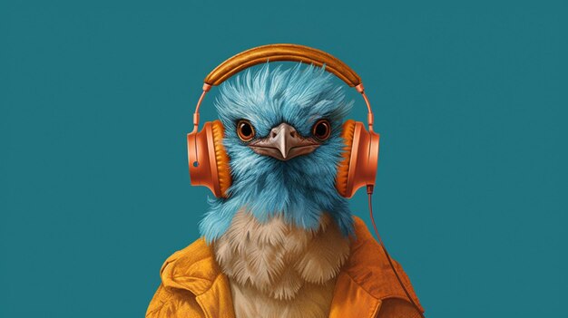 A bird with a headphones on and a shirt