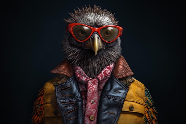 A bird with a jacket and glasses