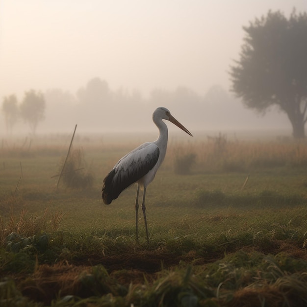 A bird with a long beak and a long orange beak is standing in a field.