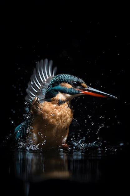 긴 부리와 주황색 부리를 가진 새가 물에 착륙하고 있습니다.