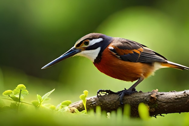 A bird with a long beak sits on a branch.