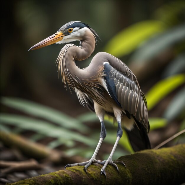 A bird with a long beak stands on a branch.
