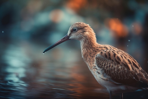 カラフルな背景の池に、長いくちばしを持つ鳥が立っています。