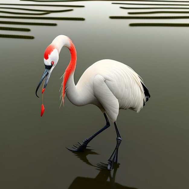 A bird with a long beak walks in water