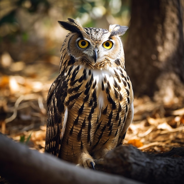 A bird with a long beak and yellow eyes is sitting on a branch.