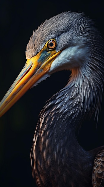 A bird with a long beak and yellow eyes