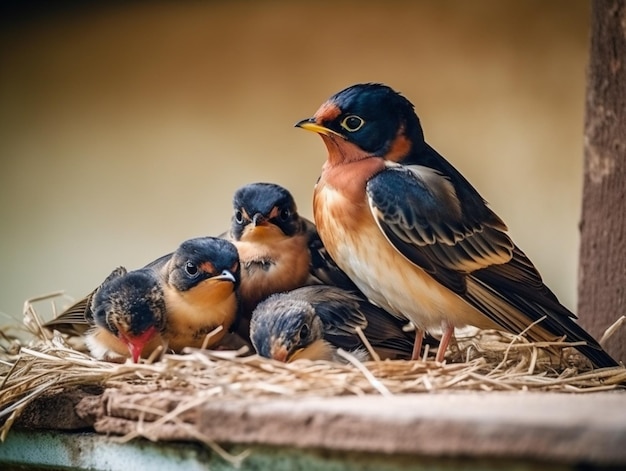 A bird with a nest full of baby birds