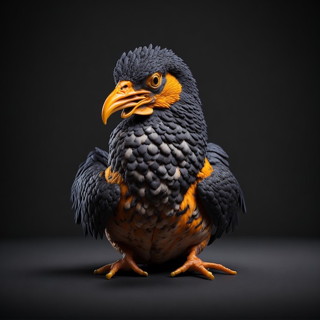 A bird with orange and black feathers and yellow on its head.