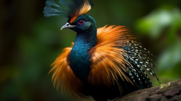 A bird with orange and blue feathers with a black tail feathers.