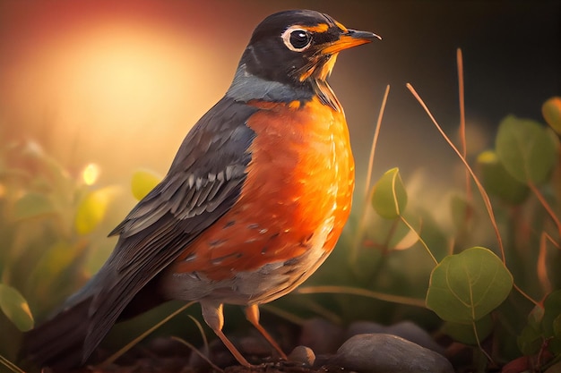 A bird with orange breast and orange breast stands in a field of grass