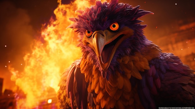 a bird with orange eyes stands in front of a fire that is burning