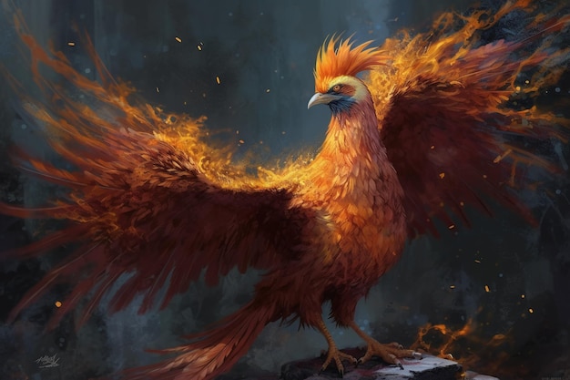 A bird with orange feathers and a fire on its wings