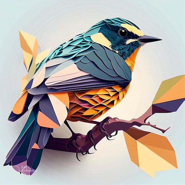 Птица с полигоном и разноцветная на дереве