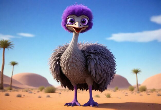 Photo a bird with purp3dmodelcartoonostrichwithlargeexpressiveeye le feathers stands in a desert