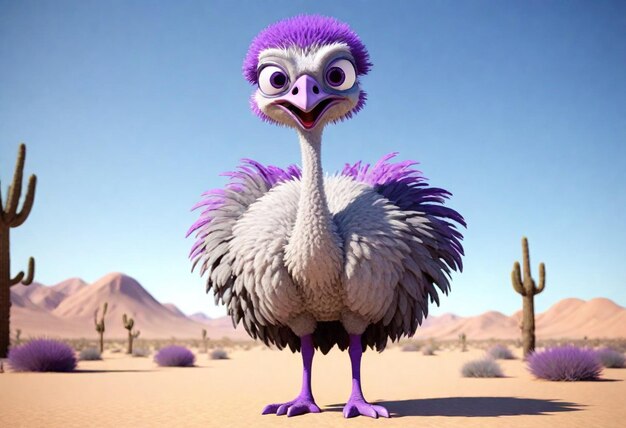 Photo a bird with purp3dmodelcartoonostrichwithlargeexpressiveeye le feathers stands in a desert