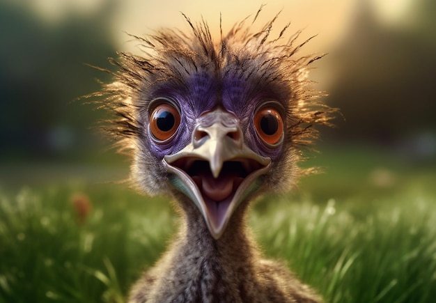 A bird with a purple face and orange eyes is smiling.