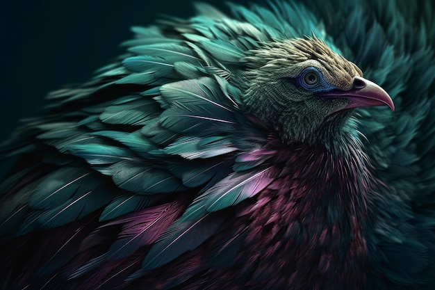 A bird with a purple and green feathers is sitting on a dark background.