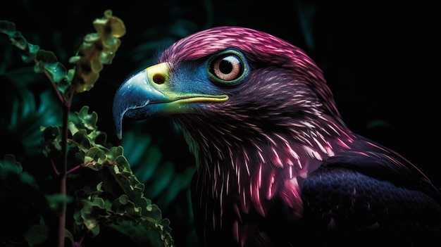 A bird with a purple head and yellow eyes sits in a dark forest.