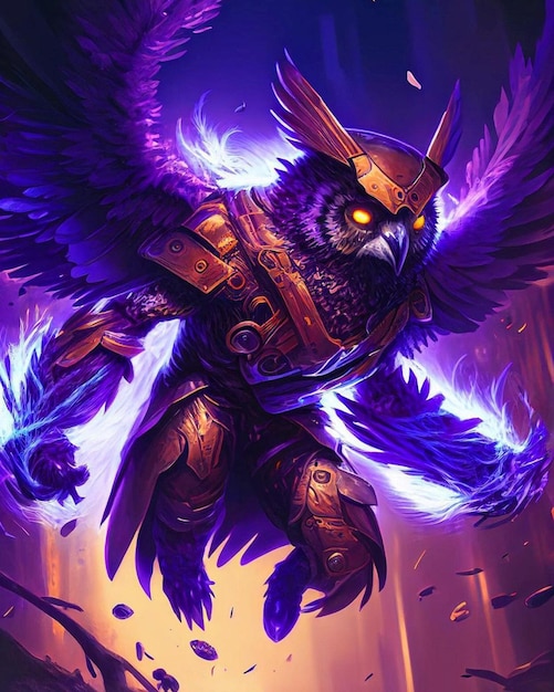 A bird with a purple helmet and a purple helmet with the word war on it