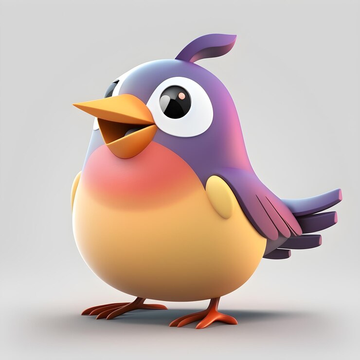 A bird with a purple and orange body and a yellow beak is standing on a gray background.