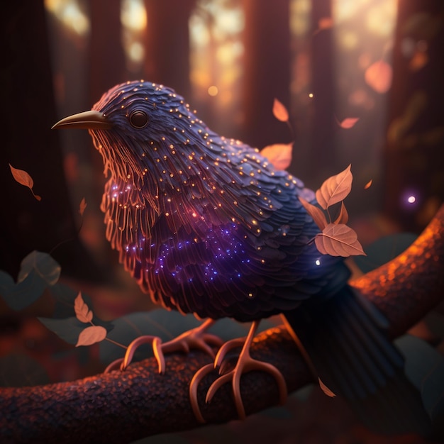 A bird with a purple starburst on its back sits on a branch.