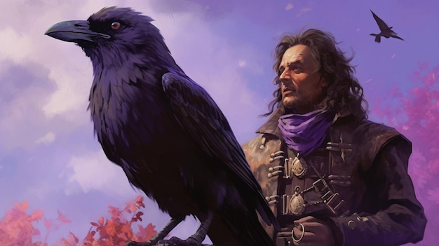 A bird with a purple vest and a black crow on it