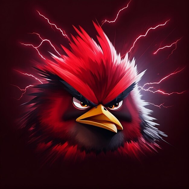 a bird with a red background with lightning bolts in the background