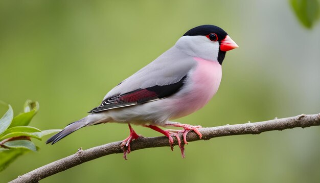 a bird with a red beak and black feathers on its face