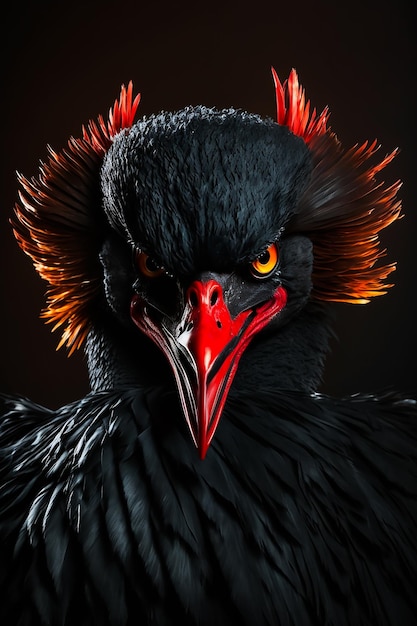 Показана птица с красным клювом и оранжевыми глазами.