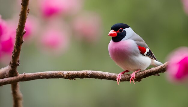 a bird with a red beak and a purple beak with pink flowers in the background