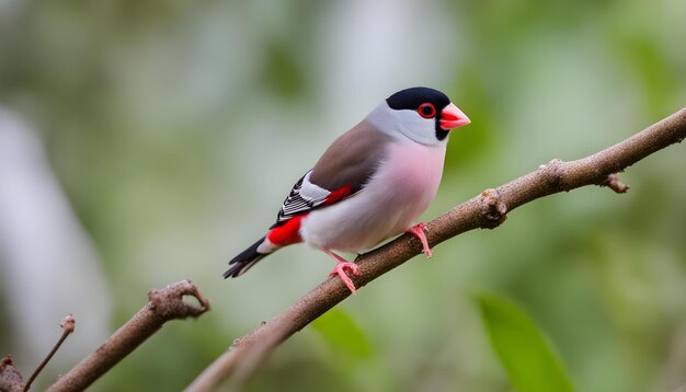 a bird with a red beak sits on a branch