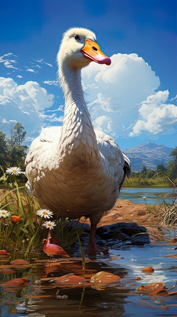 a bird with a red beak stands in the grass near a body of water