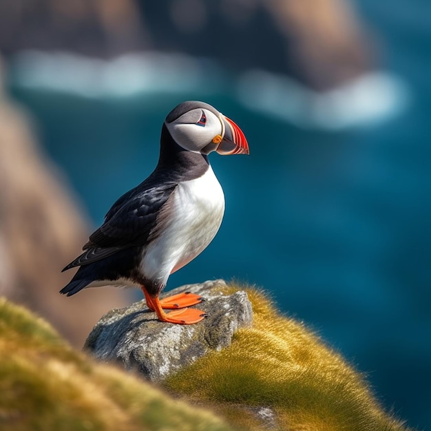 Photo a bird with a red beak stands on a rock in front of a body of water.