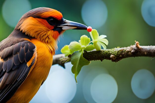 A bird with a red berry on its beak