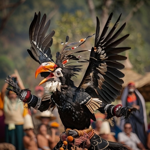 a bird with a red and black face and a black and orange outfit