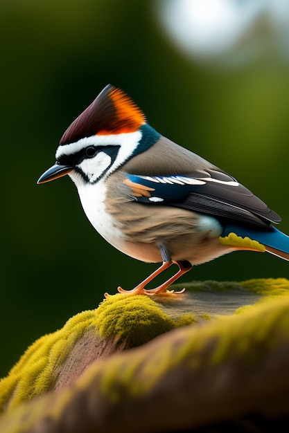 빨간색과 파란색 깃털 머리와 검은색과 흰색 머리를 가진 새.