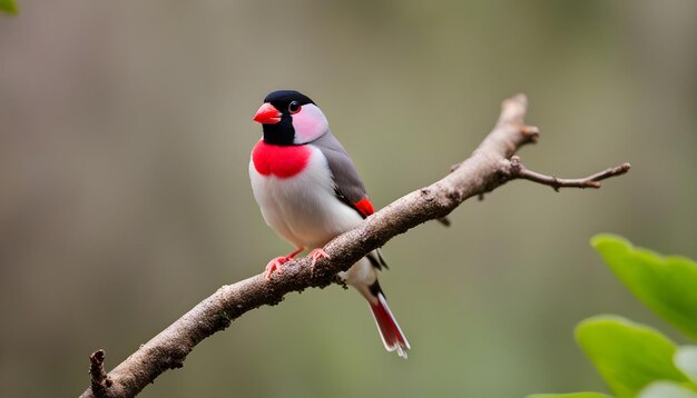 赤い胸と黒い喙を持つ鳥が枝の上に座っている