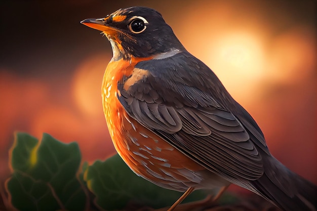 A bird with a red breast sits on a branch with leaves in the background