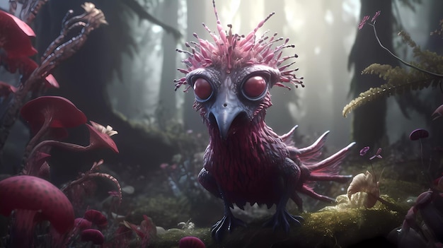 A bird with red eyes stands in a forest.