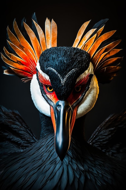 A bird with a red face and black feathers is looking at the camera