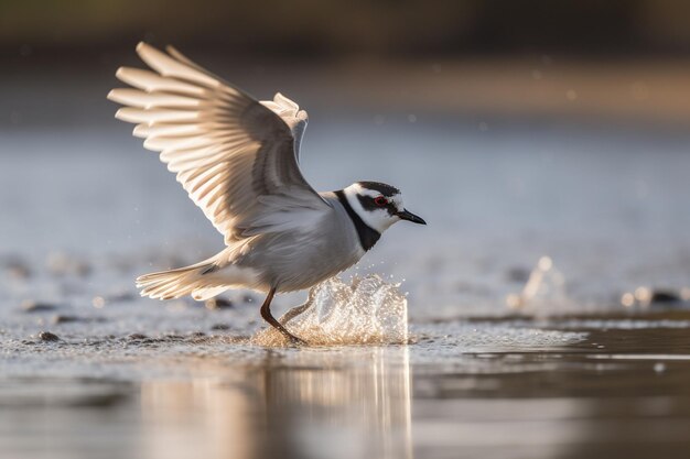 A bird with a red face and white wings is landing in the water.