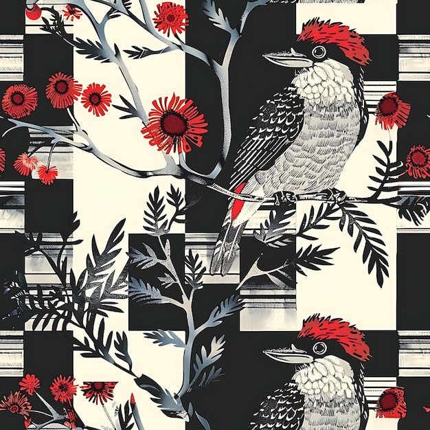 a bird with a red flower on it is in a floral pattern