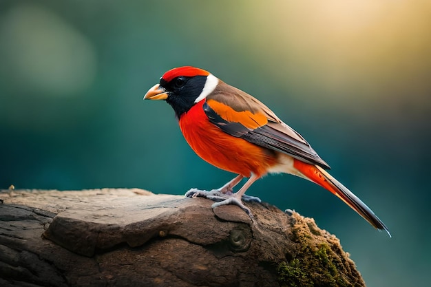 赤い頭と黒とオレンジの羽を持つ鳥が岩の上に座っています。