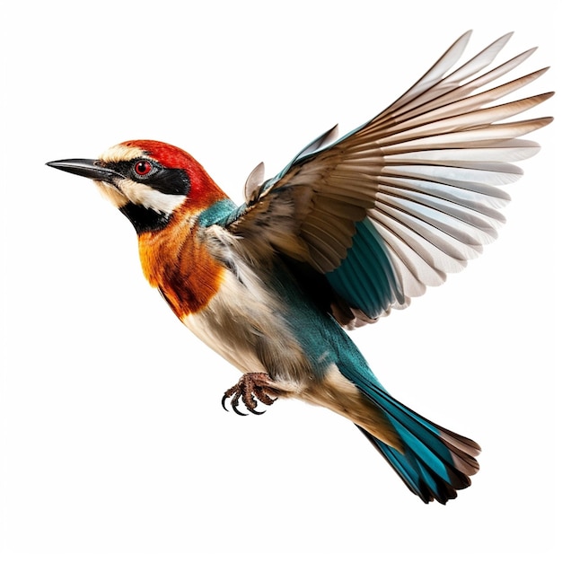 빨간 머리와 파란 눈을 가진 새가 공중을 날고 있습니다.