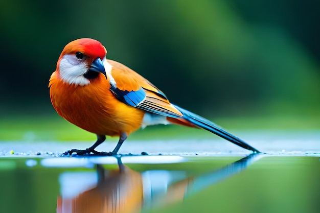 A bird with a red head and blue tail stands on a wet surface.